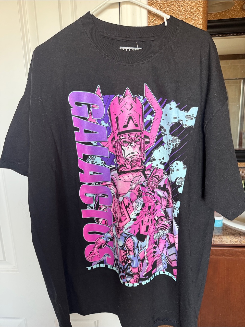 Marvel Black Tee with Pink and Light Blue Galactus Graphic